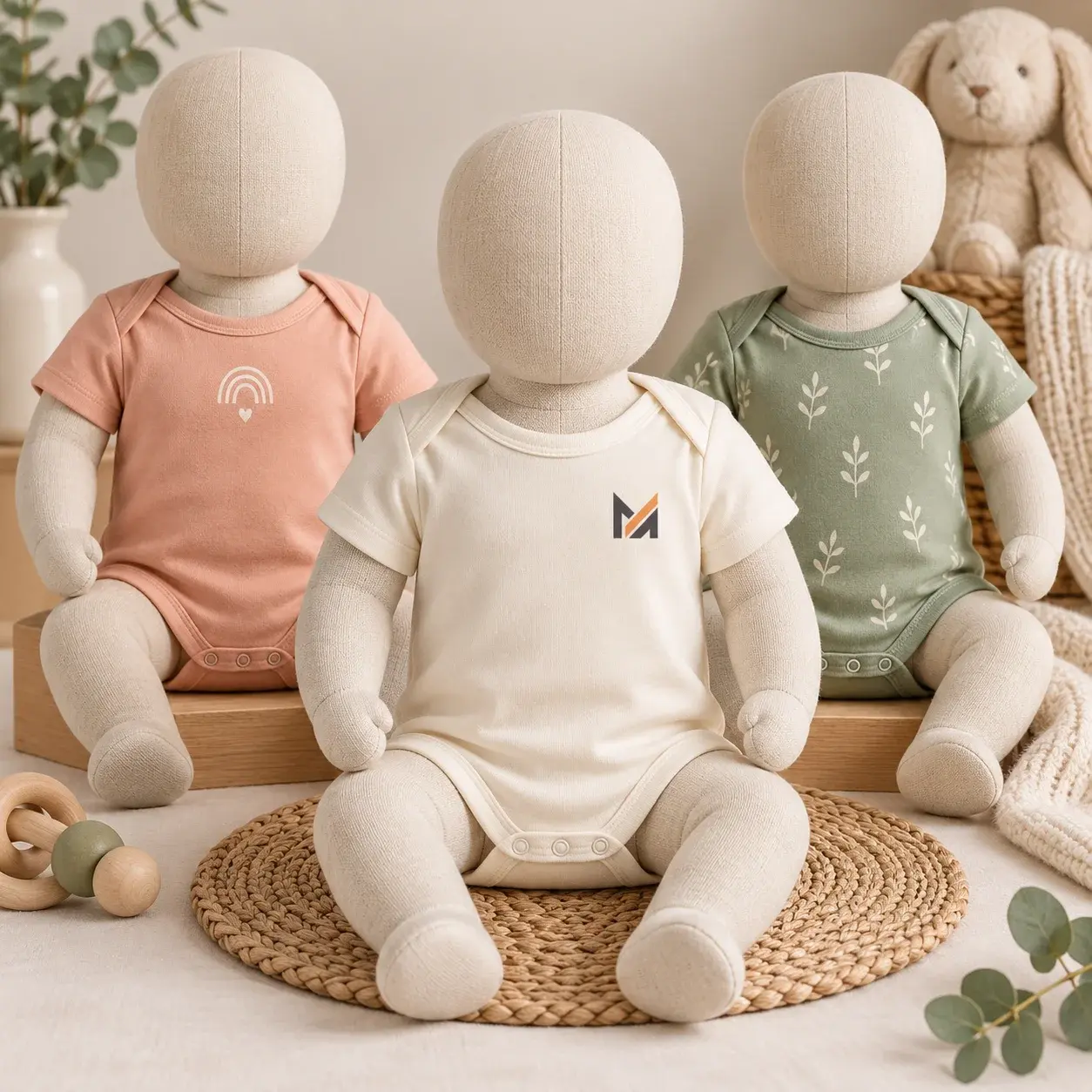 Three baby onesies and bodysuits displayed on fabric mannequins in peach, cream, and sage green, featuring soft cotton fabric and a Mega Apparel logo. 
